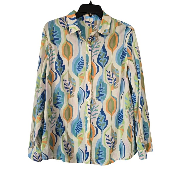 J. McLaughlin Womens L 100% Cotton Button Up Top Tropical Leaf Print Long Sleeve - Picture 1 of 7